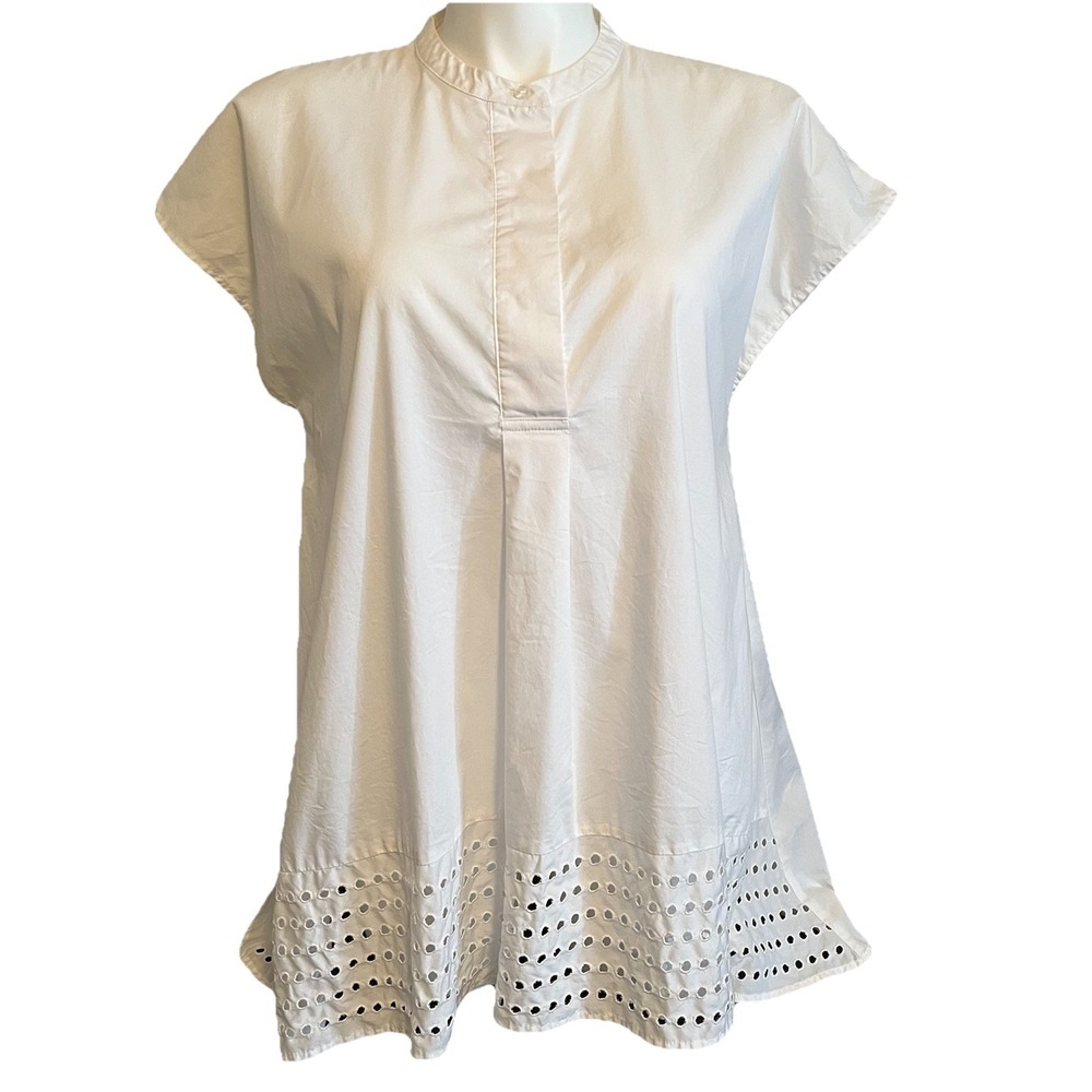 White Eyelet Cotton Tunic Womens XL Cap Sleeve Covered Placket Coastal Beachy
